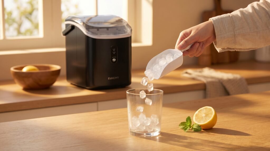 Soft nugget ice pieces tumbling into a clear glass on a light oak countertop