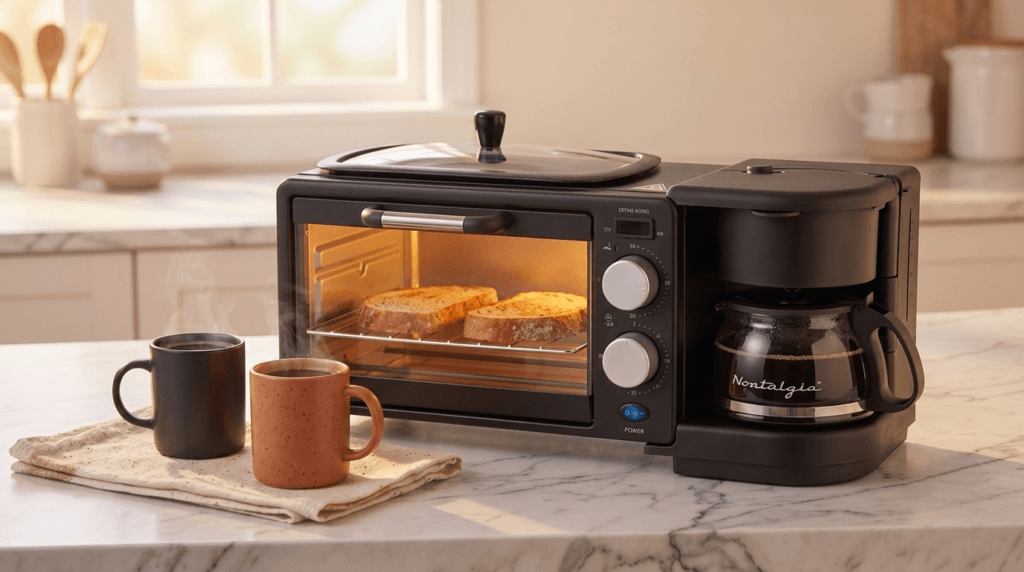 Retro 3-in-1 Nostalgia Station with a lit oven and two cups resting on a linen towel, a warm, welcoming morning atmosphere, soft natural light