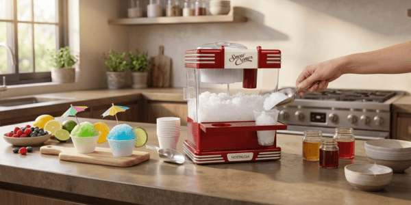 Nostalgia Snow Cone Shaved Ice Machine Retro Red on a kitchen counter