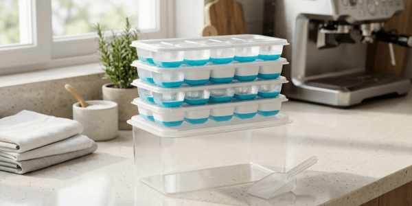 DOQAUS 4-pack silicone ice cube trays with lids and storage bin on a kitchen counter