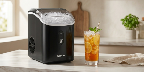 Silonn Nugget Ice Maker in black on a kitchen countertop next to a glass of iced drink