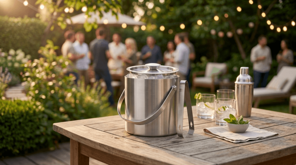 Family backyard gathering with a stainless steel ice bucket on the drinks table