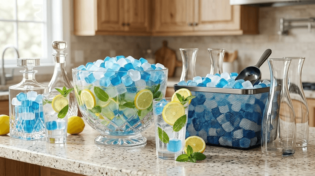 Reusable ice cubes in a large party and bar setup with cold drinks