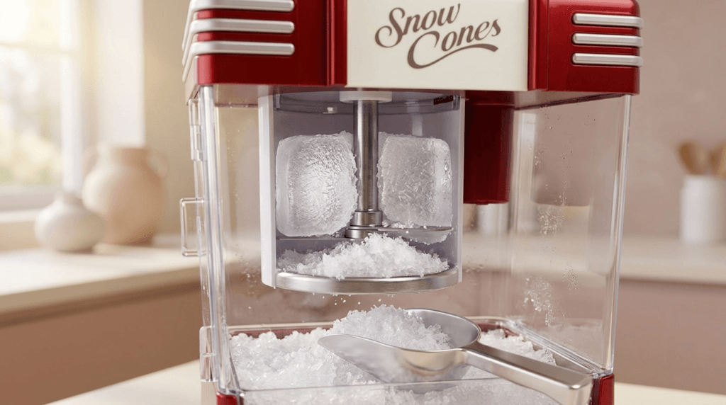 Close-up of Nostalgia snow cone machine ice shaving mechanism