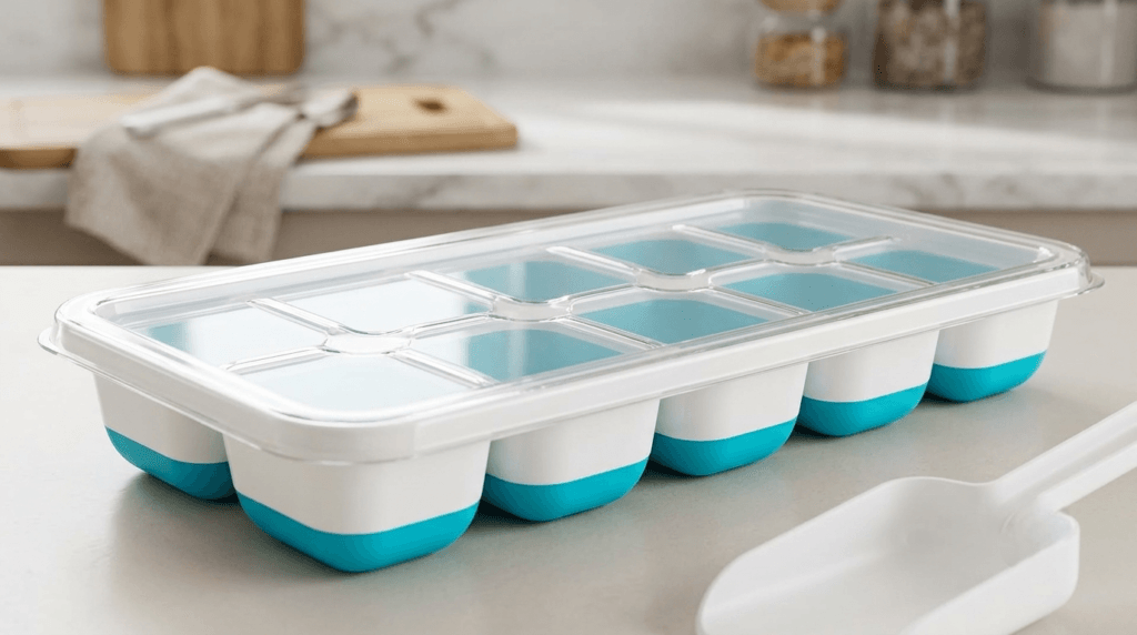 Close-up of DOQAUS silicone ice cube tray with clear lid snapped closed