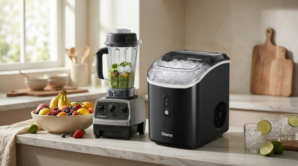 Family kitchen scene with countertop ice maker next to a blender and fruit bowl