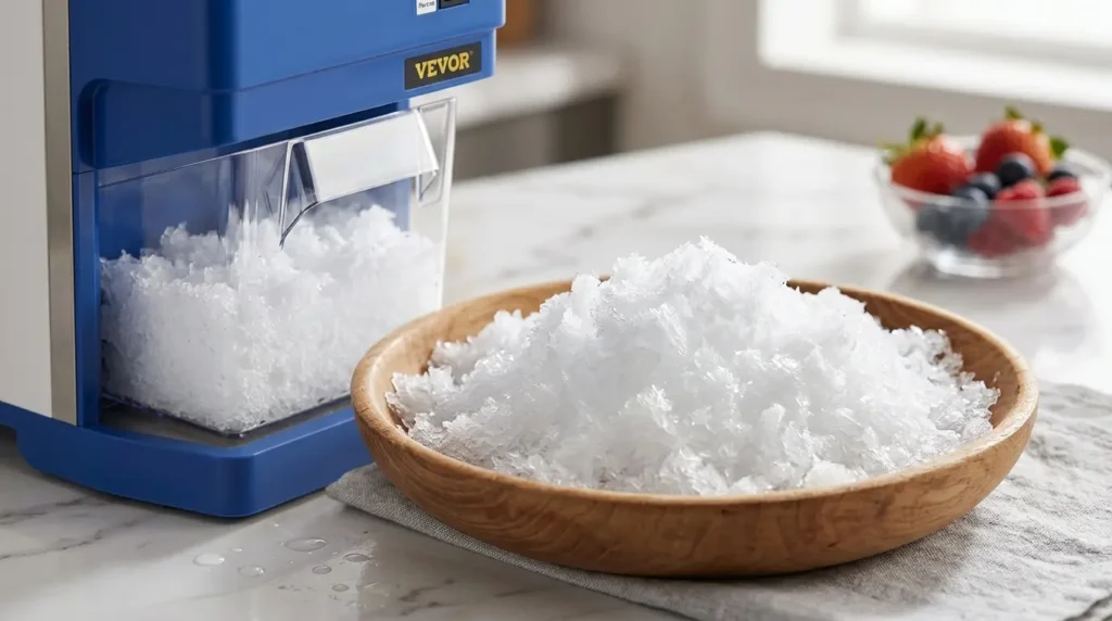 Fluffy powdery shaved ice texture produced by the VEVOR ice shaver crusher, ideal for snow cones and drinks