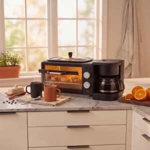 Black Nostalgia 3-in-1 Retro Breakfast Station on a light-colored wooden countertop, morning light, coffee maker and oven visible