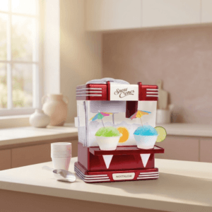 Nostalgia Snow Cone Shaved Ice Machine Retro Red on a kitchen counter