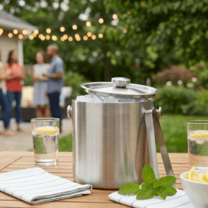 ChefBee stainless steel insulated ice bucket with lid and tongs on a kitchen counter.