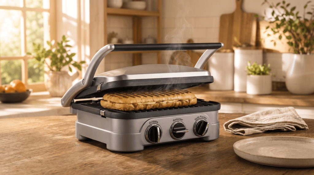 Cuisinart Griddler pressing a panini on a stainless steel cooking plate
