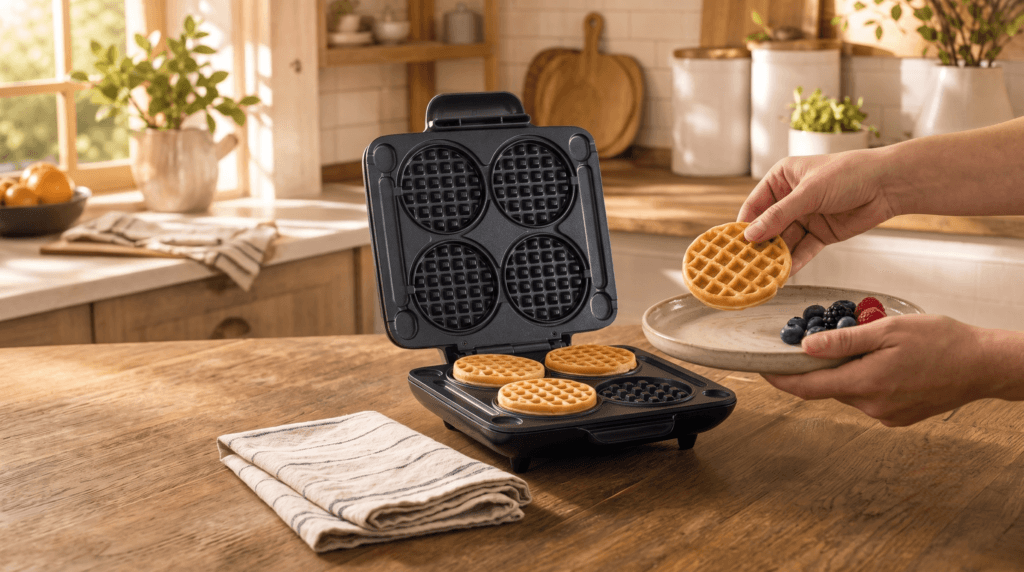 Dash Multi Mini Waffle Maker with four small waffles lifted fresh