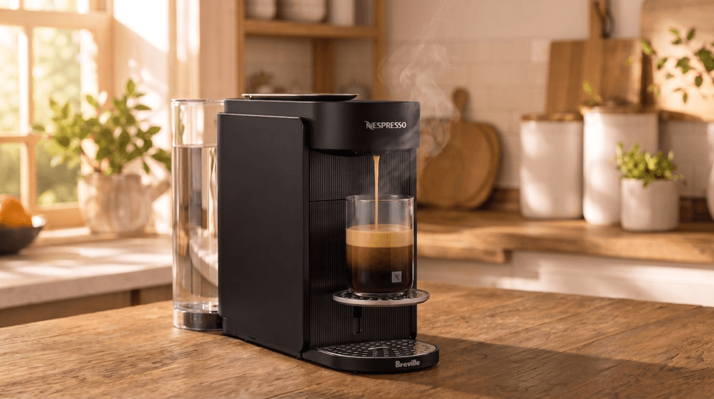 Nespresso Vertuo Up in ink black brewing coffee with Aeroccino nearby
