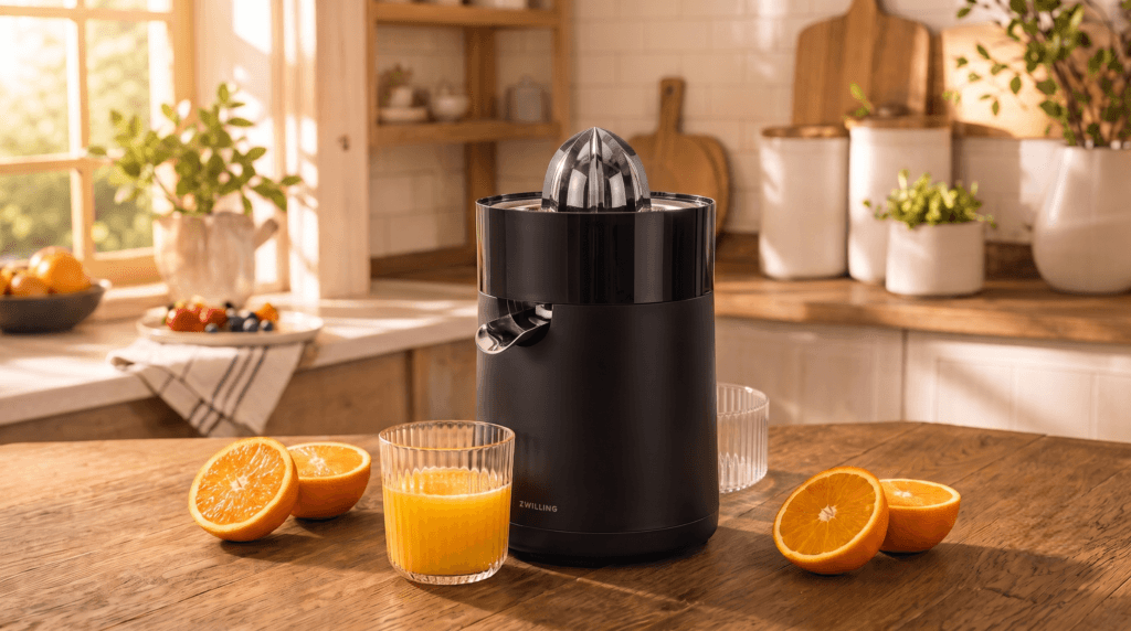 ZWILLING Enfinigy Citrus Juicer pressing a fresh orange half