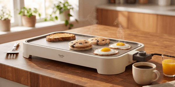 Martha Stewart electric griddle companion cooking pancakes and eggs for a brunch spread
