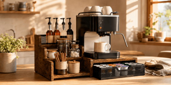Rustic brown coffee station organizer with pod drawer and syrup rack in use
