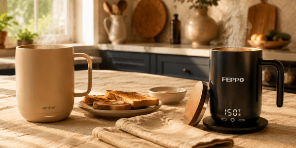 Two heated coffee mugs on a breakfast table, styled for a slow, warm morning ritual