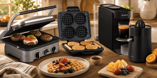 Cuisinart Griddler, Dash waffle maker, Nespresso Vertuo Up and ZWILLING juicer on a kitchen counter