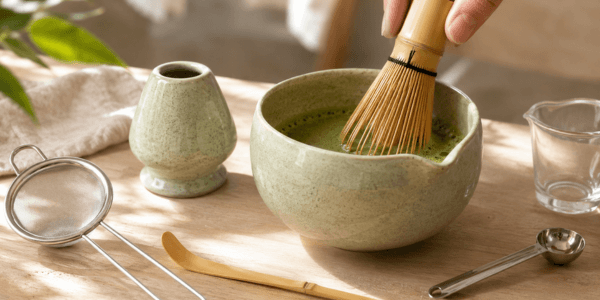 Ceramic matcha whisk set with bamboo chasen on a sunlit kitchen counter