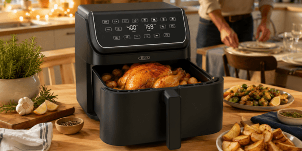 BELLA 8-Qt Digital Air Fryer on a wooden kitchen countertop with a roast chicken, crispy vegetables, and seasoned potatoes, as a family prepares dinner in the background.