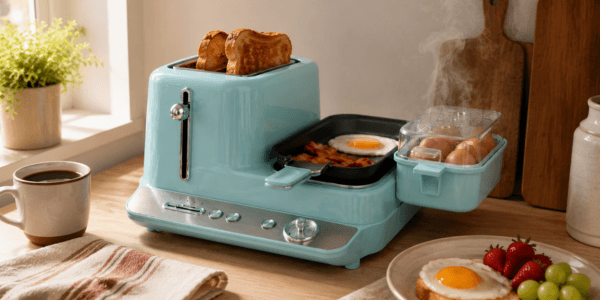 Nostalgia Retro 3-in-1 Breakfast Station toasting bread with eggs cooking on griddle