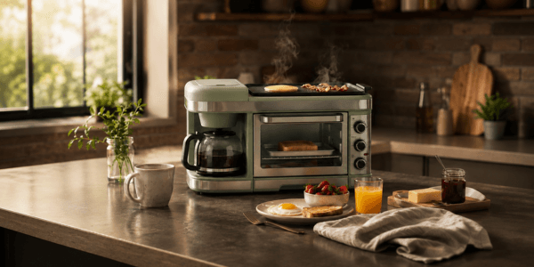 Compact breakfast station on a small kitchen counter in morning light
