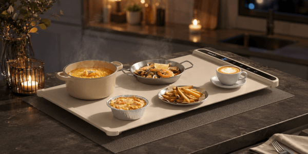 Food warming mat with heat-resistant pad set up with serving dishes on a kitchen counter