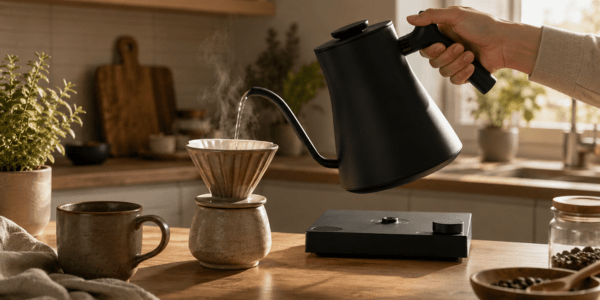 Electric gooseneck kettle for pour-over coffee mid-pour at golden hour