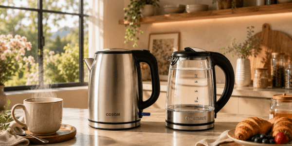 Cosori stainless steel and Cuisinart glass electric kettles together on a breakfast counter