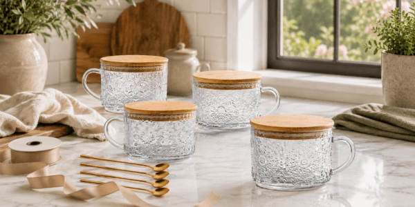 housewarming gifts for new homeowners — vintage glass mug set styled with kraft paper and ribbon