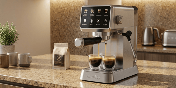 Mecity touchscreen espresso machine brewing on a kitchen counter