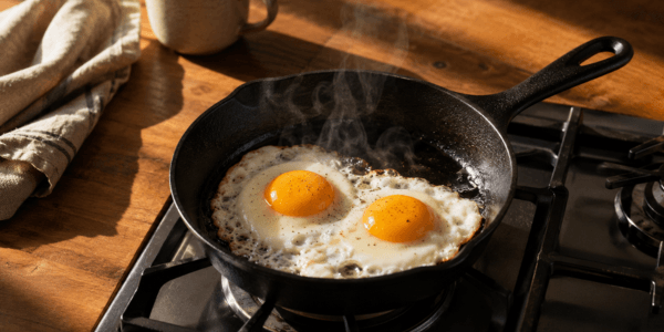 Breakfast cookware skillet on a stovetop with morning light, eggs cooking