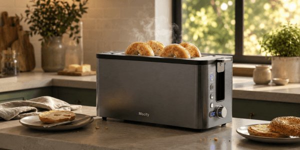 Long slot toaster on a small kitchen counter with bagels toasting and pastries warming on top