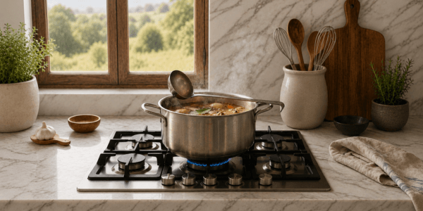 A pot of long-simmered broth resting on a home stovetop, with steam catching soft golden morning light in the kitchen.