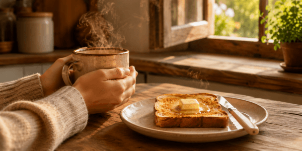 Steam rising from a ceramic mug in golden light, a gentle morning ritual beginning at a quiet wooden kitchen counter.