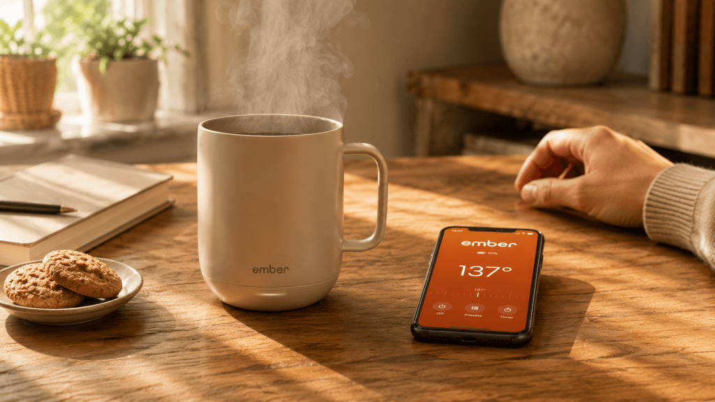 Ember Smart Mug 2 in sandstone finish on a breakfast table with morning light