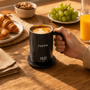 FEPPO heated mug with digital display on a charging base at breakfast