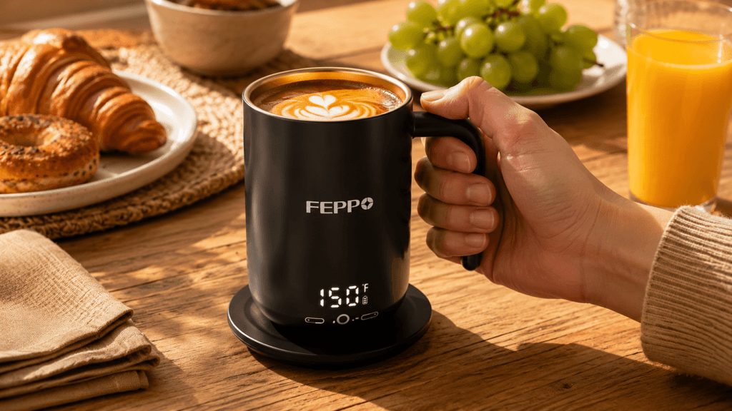 FEPPO heated mug with digital display on a charging base at breakfast