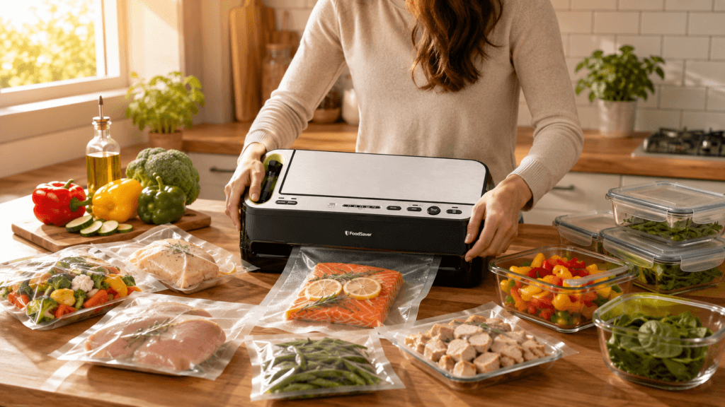 FoodSaver V4400 vacuum sealer preserving batch-cooked meals in a bright modern kitchen with organized freezer-ready food.
