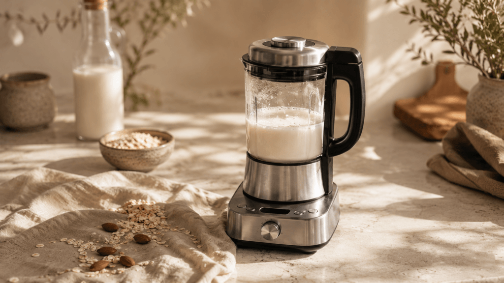Close view of a milk maker machine blending oats into fresh milk