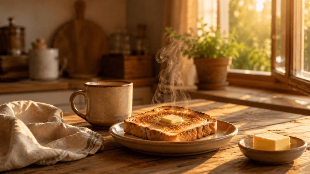 Butter melting into golden toast beside an open window, a slow breakfast at home unfolding in soft daylight