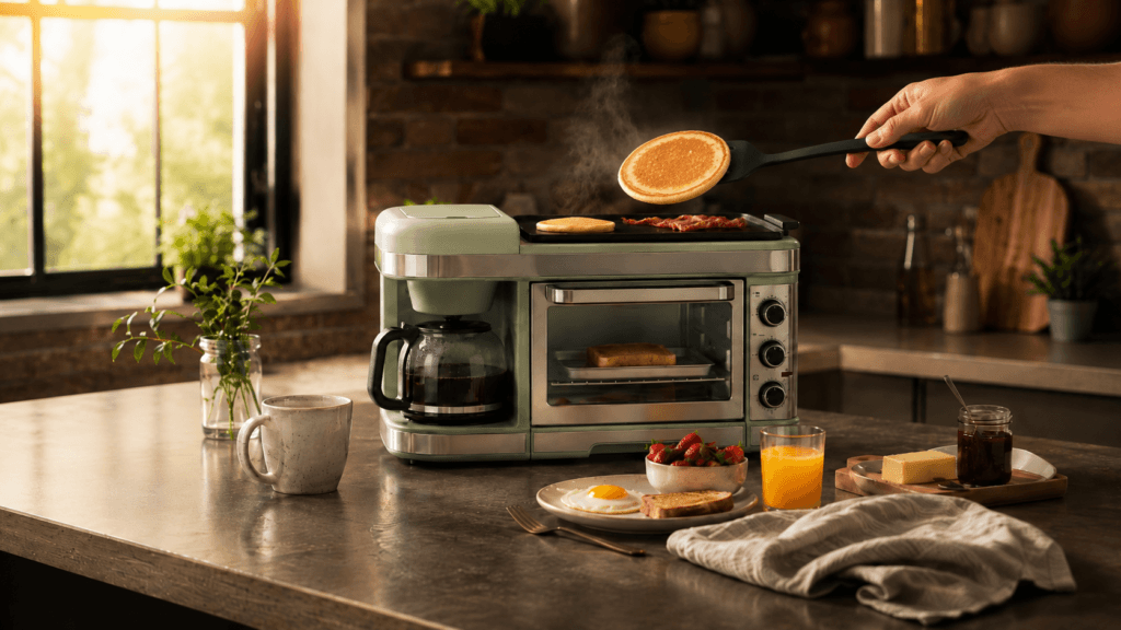Hand flipping a pancake on a small kitchen breakfast station griddle