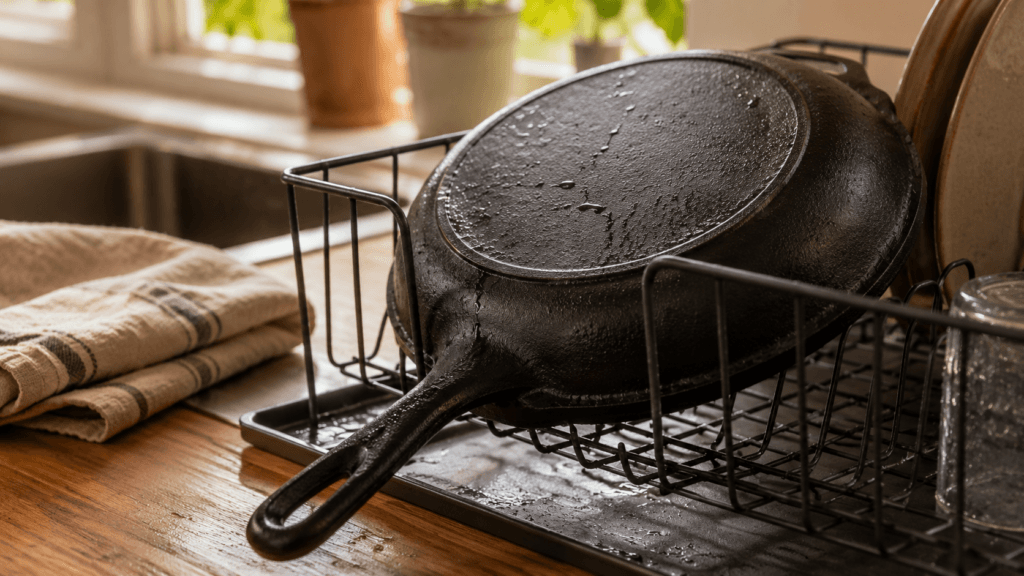 Clean non-stick breakfast pan drying on a dish rack