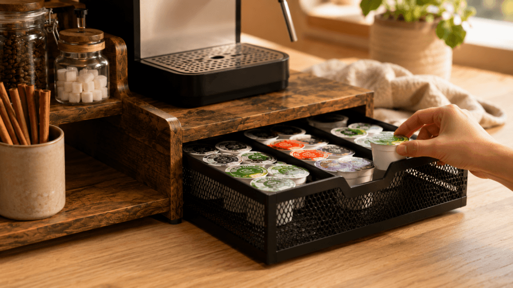 Close-up of coffee pod drawer sliding open on countertop organizer