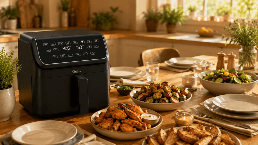 Family plating a homemade dinner together at the table in a warm, inviting kitchen, with the BELLA 8 Qt Digital Air Fryer on the countertop, highlighting shared mealtime and home cooking.