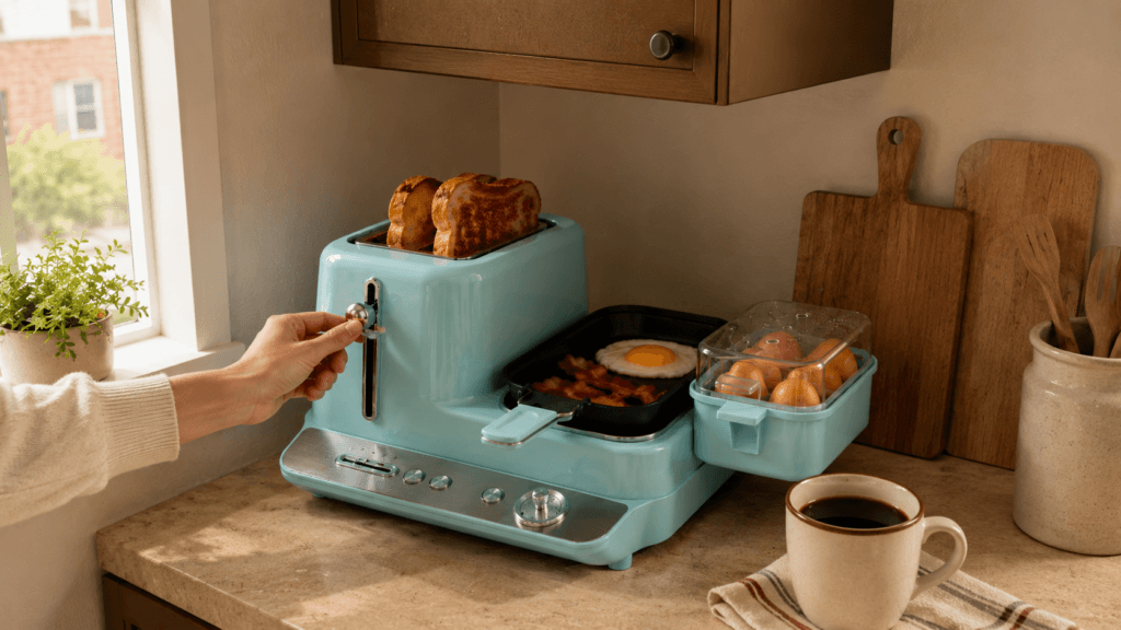 Small apartment kitchen counter with compact breakfast station in use