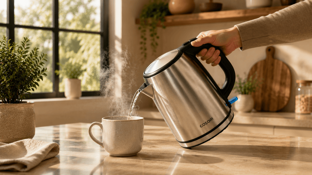 Cosori stainless steel electric kettle mid-pour on a breakfast counter