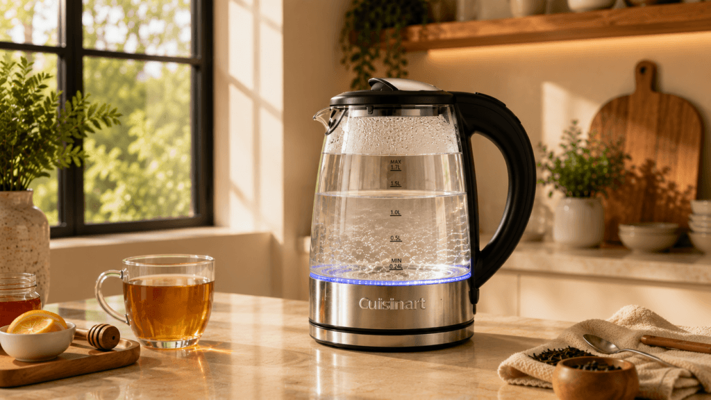 Cuisinart glass electric kettle glowing on a breakfast counter
