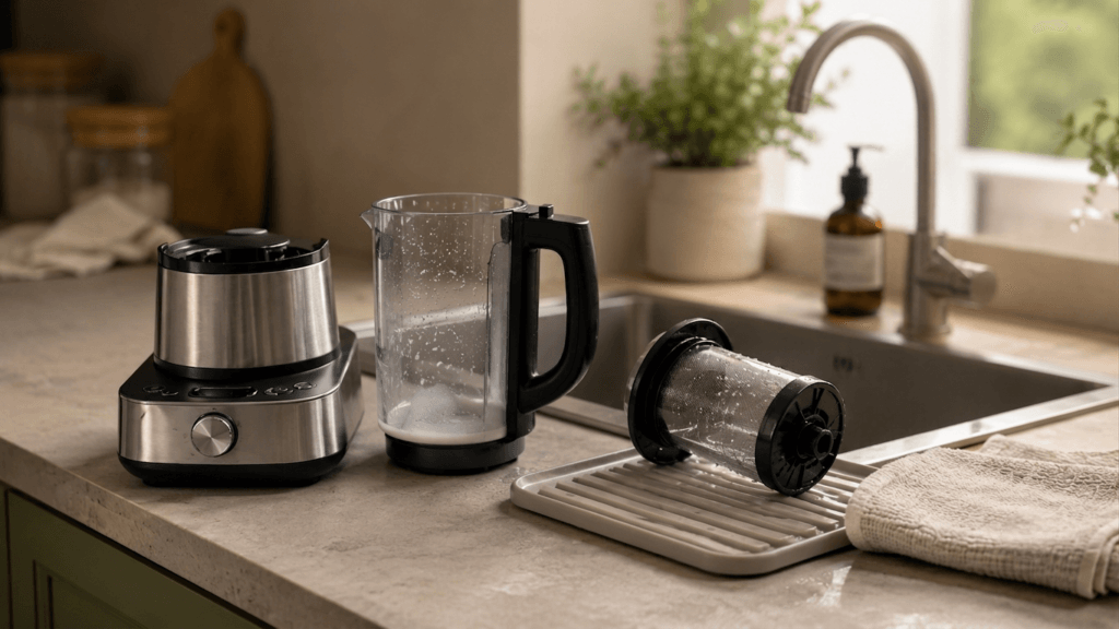 Milk maker machine parts being rinsed at a kitchen sink