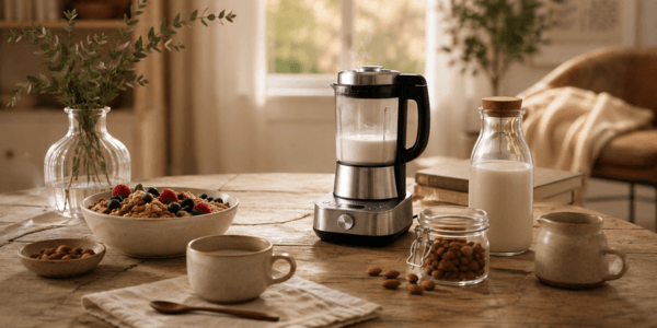 A milk maker machine on a kitchen counter during a calm morning routine
